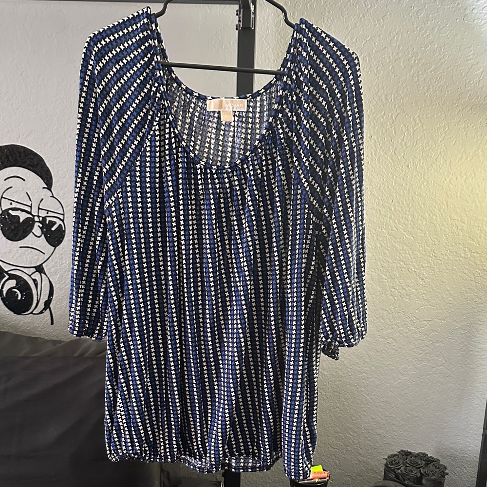 Michael Kors Women’s 2XL Blue Black Houndstooth Patterned Blouse